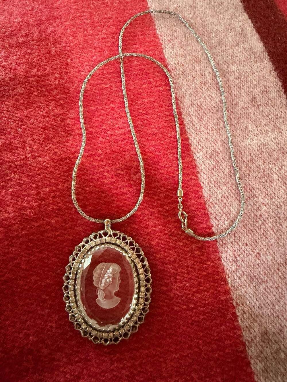 Vintage Whiting & Davis Intaglio Cameo Necklace, Gold Tone Filigree